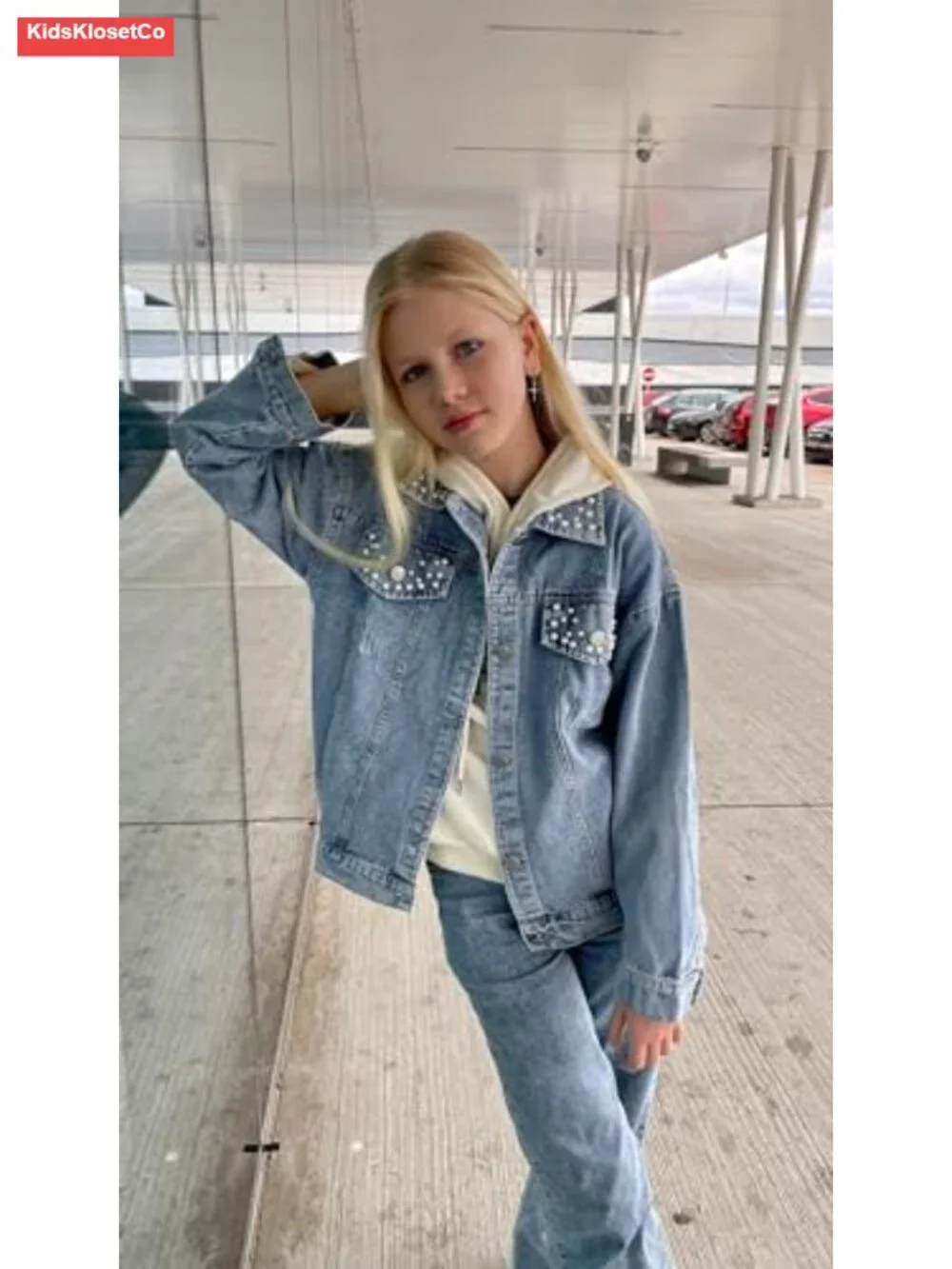 Girls Denim Jacket Oversized Trucker Button Down Pearl Design 5-14Y